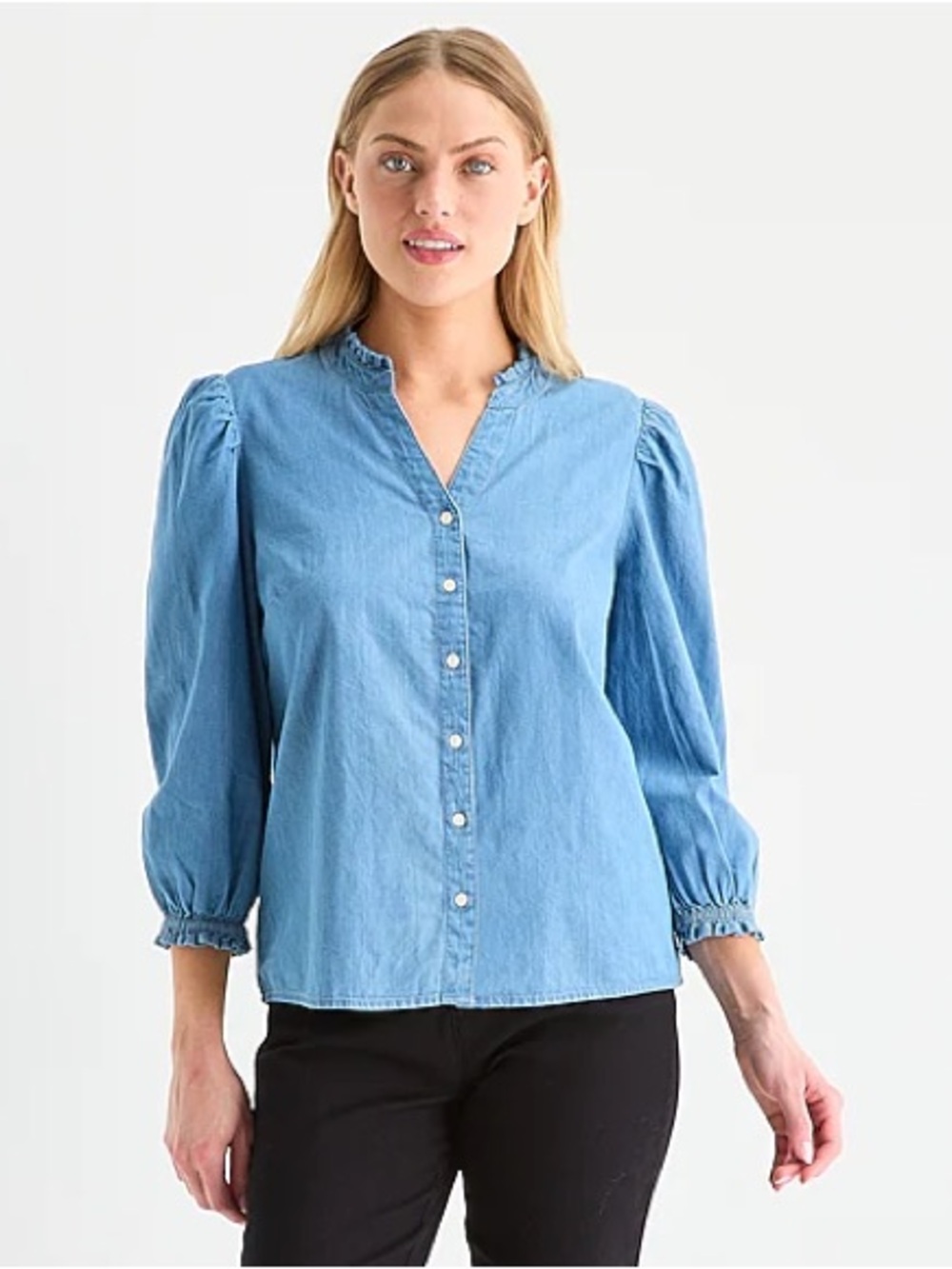 St. John's Bay Light Blue Denim Puff Sleeve Button-Front Shirt 100% cotton -0155